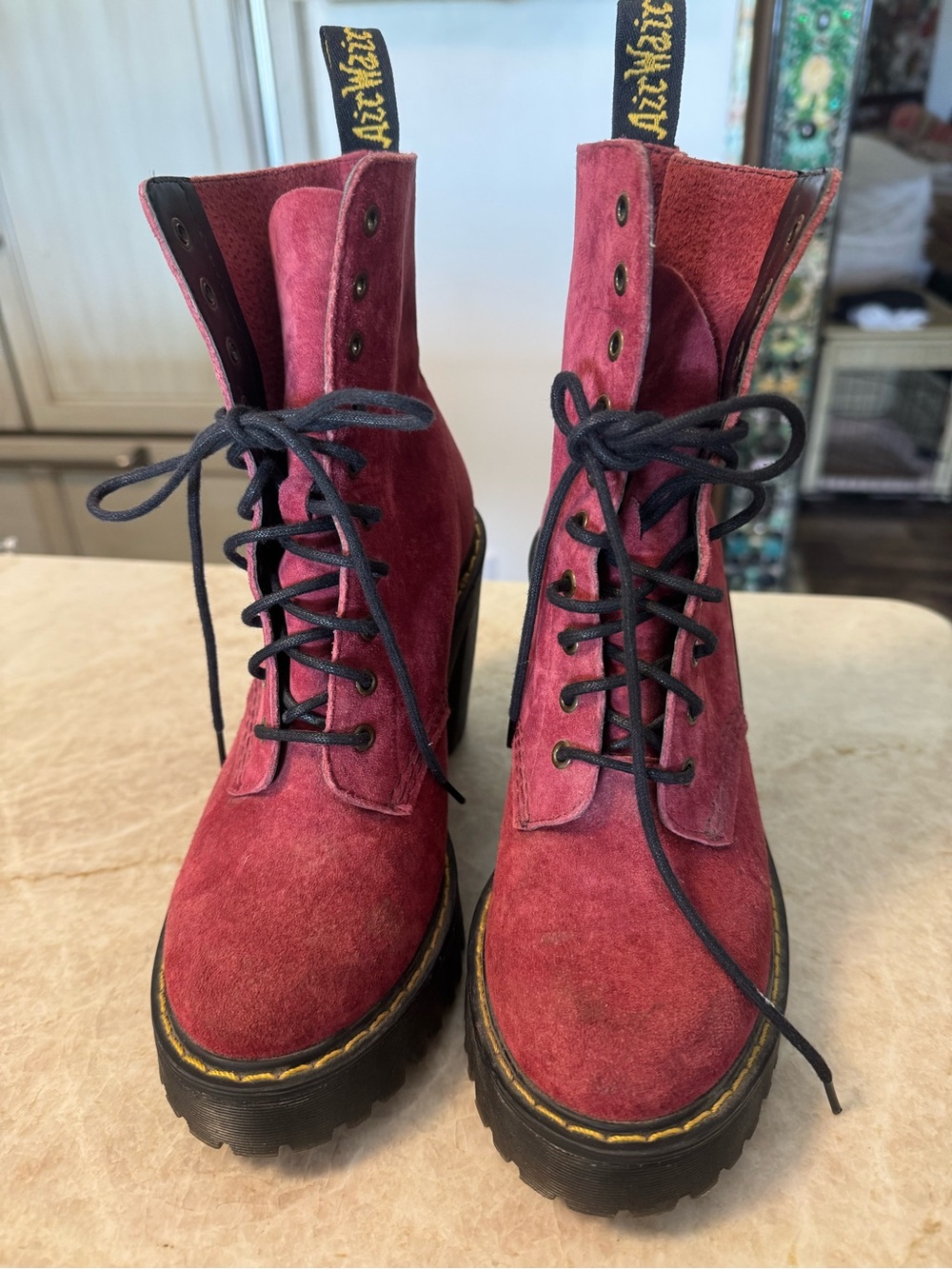 Dr. Martens Suede Lace-Up Chunky Heel Boots in Berry Sz 5 - Picture 2 of 11